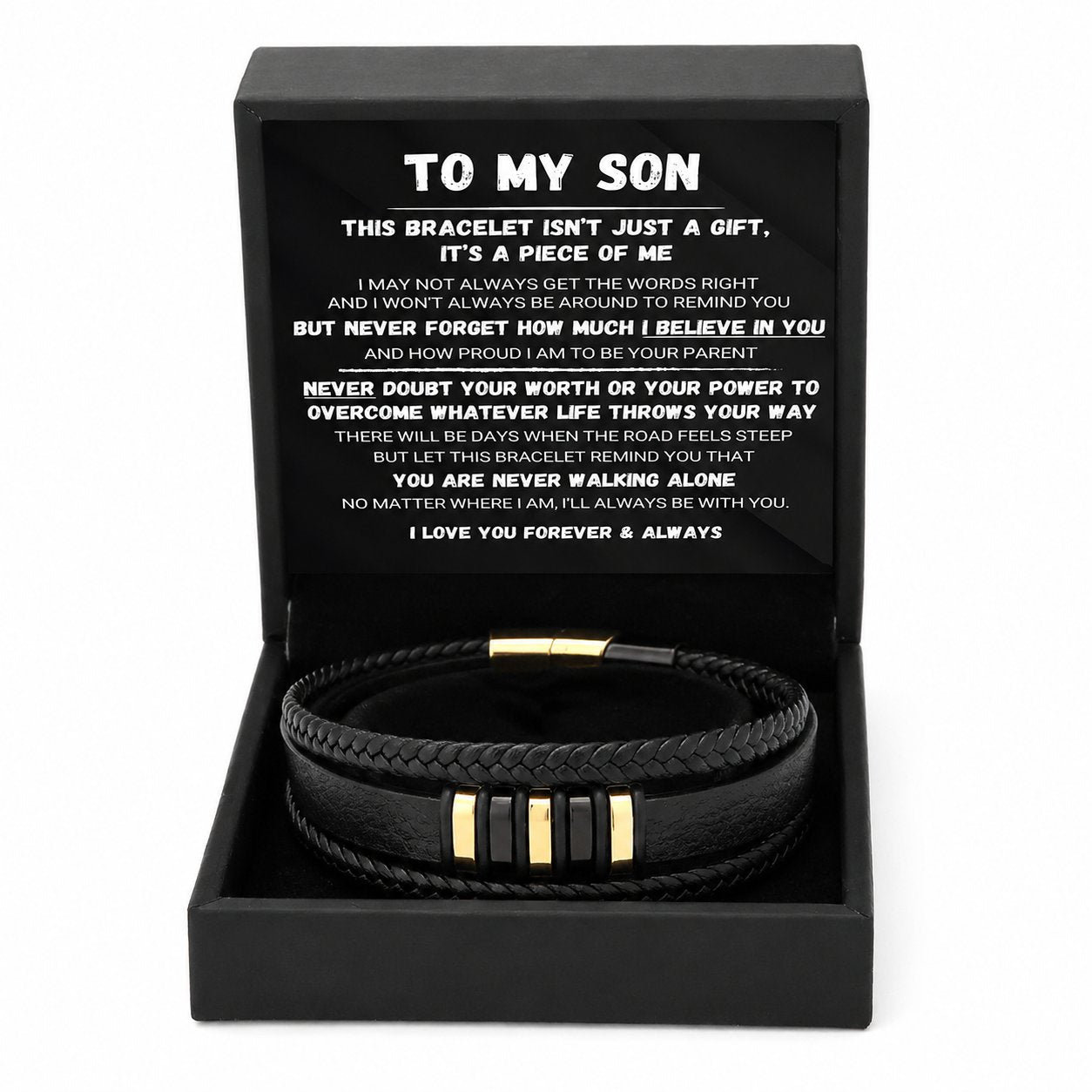 đ€Til sĂžnnen min â Sett med flettede armbĂ„nd «GĂ„ aldri alene»