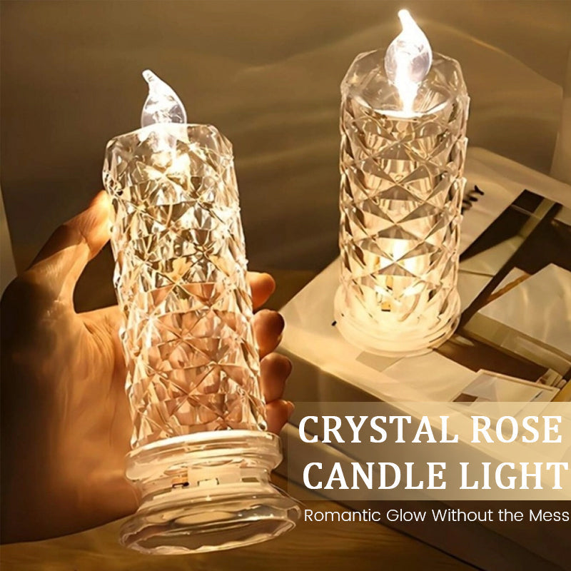 ✨ Lysestake med krystallrose – romantisk glød uten søl