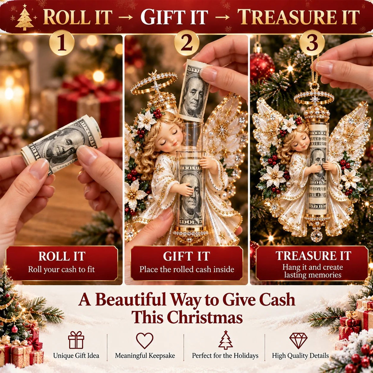 👼💵 3D-julepynt formet som en engel, med åpning til kontanter ✨