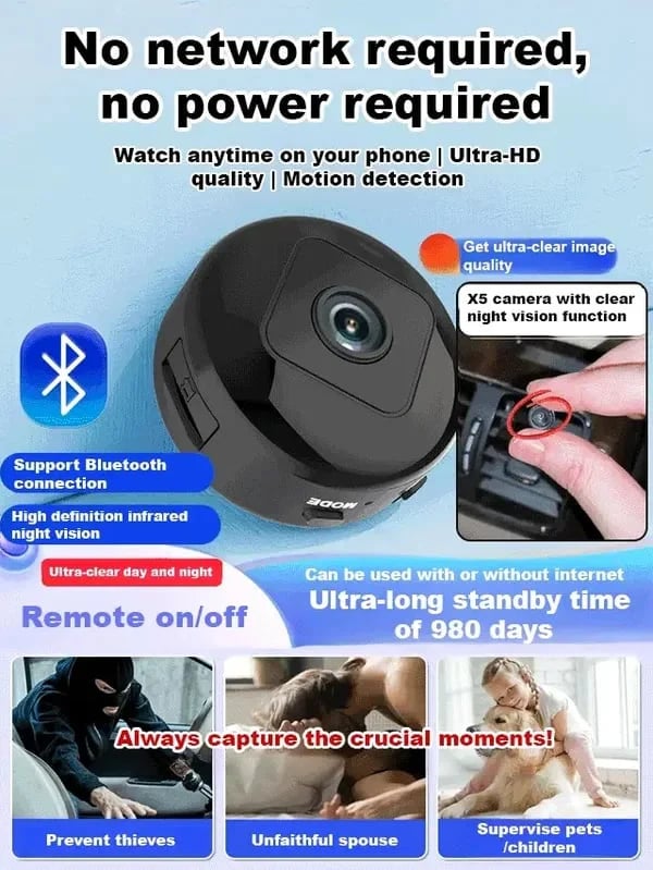 📸  1080P trådløst minikamera på størrelse med en mynt, kan monteres hvor som helst, fjernovervåking i sanntid via smarttelefon.