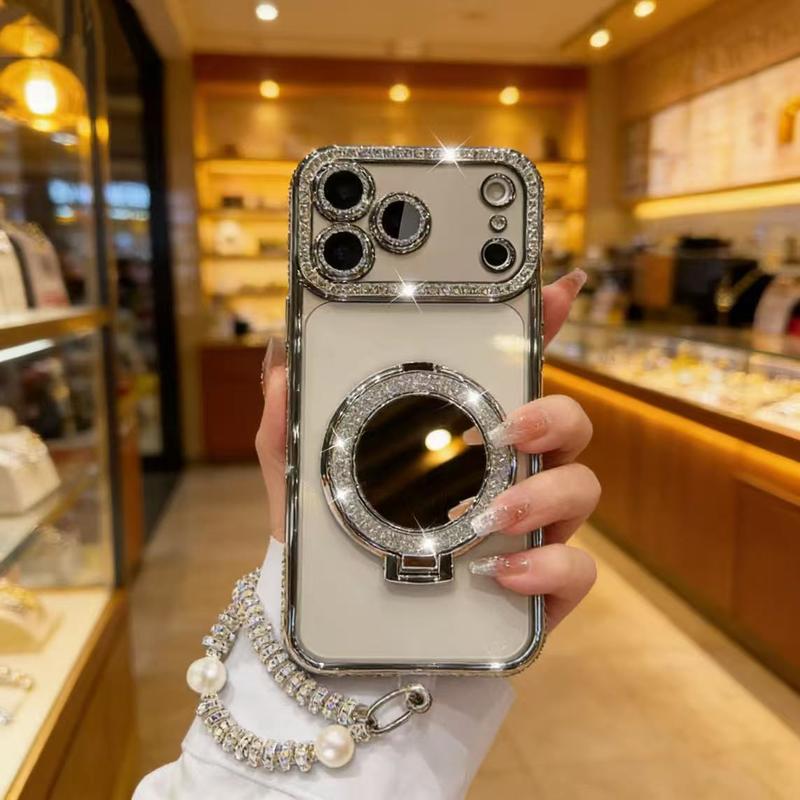 Telefondeksel for kvinner med speil og stativ til iPhone 12/13/14/15/16/17 Pro Max, 17 Air, 14/15/16 Plus